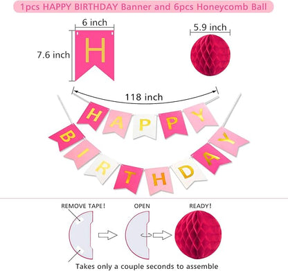 Pink Birthday Decorations with Happy Birthday Banner, Paper Honeycomb Balls - Image 3