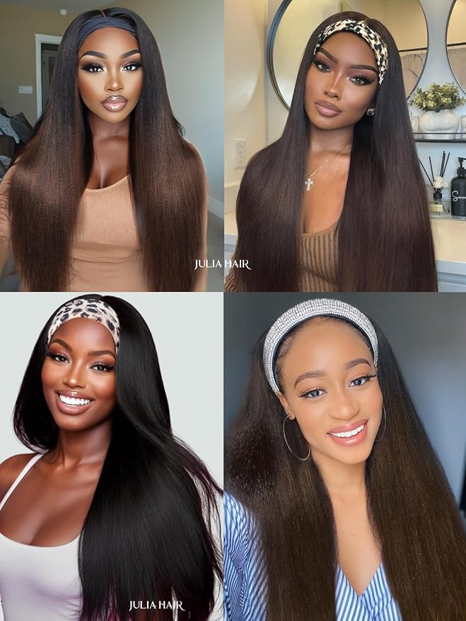 Julia Hair 12A Headband Wig Human Hair Yaki Straight Glueless None Lace Half Wig With Pre-attached Scarf Ombre Chestnut Brown Highlight With Dark Roots for Black Women Put on and Go 16 Inch