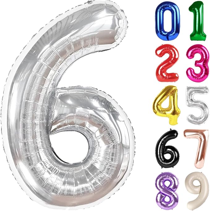 6 Balloon - Silver Birthday Number Balloons, 40 Inch Decorations Men Women | by ALPHADELTAPI