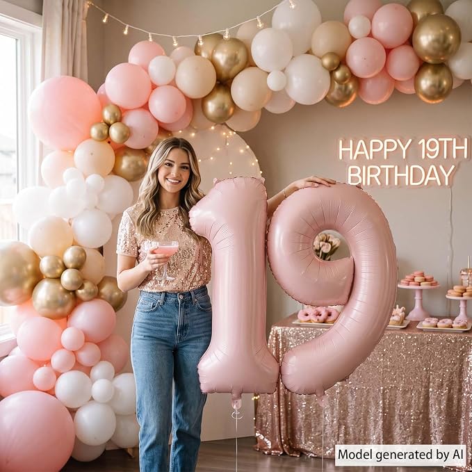 Baby Pink Number 19 Balloon 40 Inch, Pastel Foil Milestone Party Supplies | - Image 6