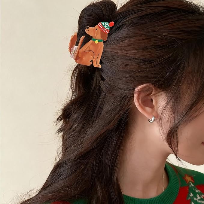 Christmas Hair Clips for Women, Cute Christmas Puppy Hair Claw Clips Funny Strong Hold Dog Jaw Clips with Hat Design Non-slip Animal Winter Hair Barrettes Xmas Hair Accessories Decoration