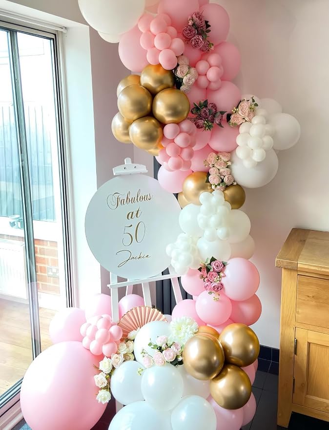 Pink and Gold Balloons Set, Confetti Balloons | 50Pcs 12 Inch Pink White Gold - Image 2