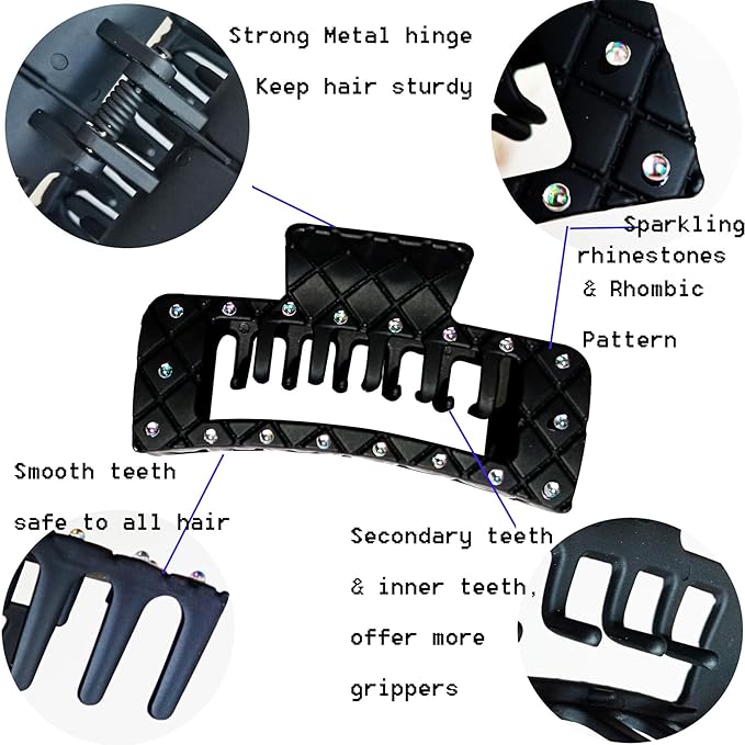 Bling bling Rhinestones Square Hair Clips Double Row Teeth,2 Rows Teeth Rectangle Hair Claw Clips with Shiny Rhinestones,Women Girls Sparkly Thick Hair Accessories Set(black coffee chocolate)