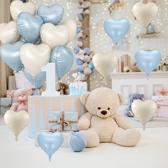 Blue White Heart Balloons, 18 Inch Baby Blue Cream Foil Heart Balloons - Image 5