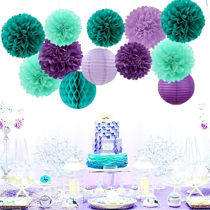 Teal-Purple Party-Decorations Paper Flowers Lanterns - Image 2