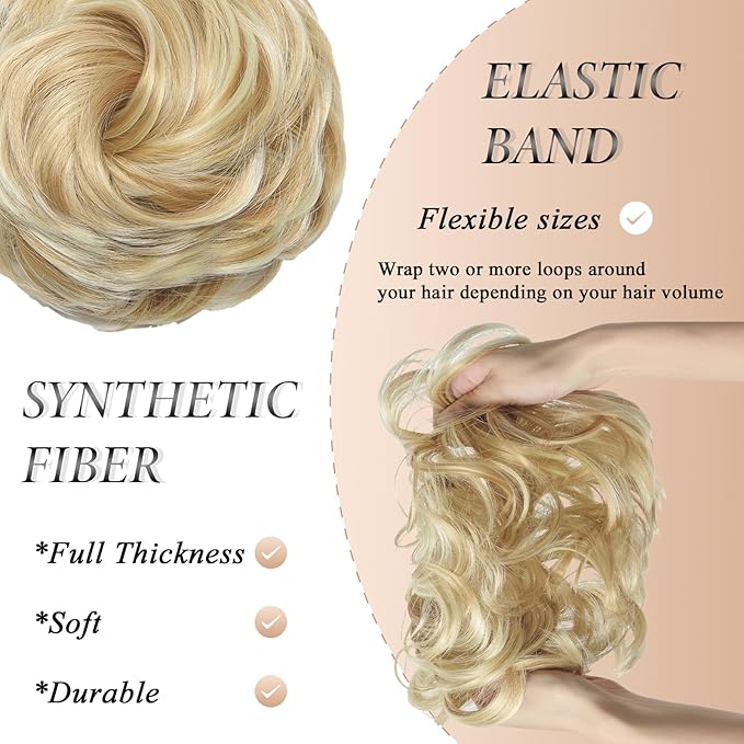 Large Messy Bun Hair Piece Curly Synthetic Extensions Scrunchies Fake Chignon Updo Hairpieces for Women Beige Blonde Highlights