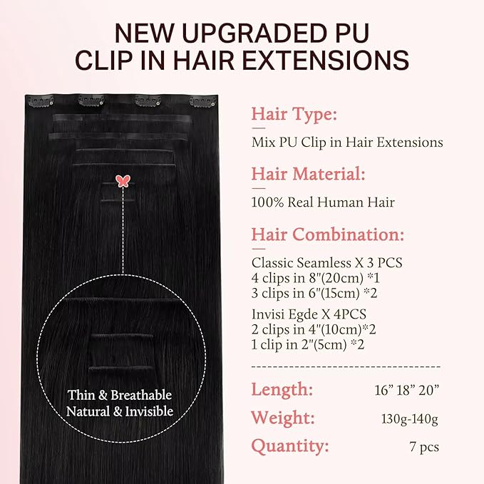 DOORES Clip in Hair Extensions Set 20 Inch 140g, 4pcs Invisi Edge Clip ins and 3pcs Classic Seamless Clip ins, Injected Virgin Real Human Hair Extensions Natural Invisible Straight, #1