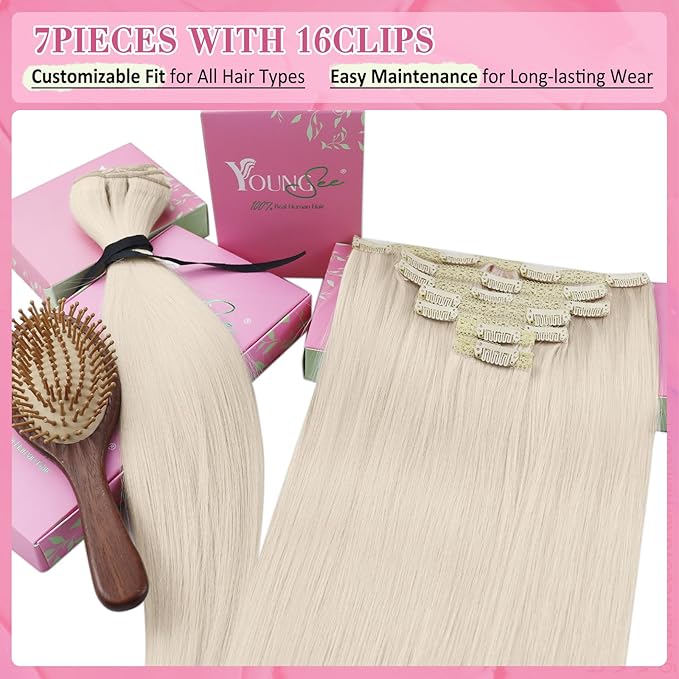 YoungSee Clip in Hair Extensions Blonde Clip in Real Hair Extensions Platinum Blonde Remy Human Hair Clip ins Long Straight Hair Extension 24Inch 120G 7Pcs