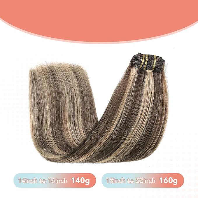 XDhair Clip in Extensions Human Hair 22 Inch 160g 7pcs Chocolate Brown to Caramel Blond Clip in Hair Extensions Real Human Hair for Women #4p27/22 inch