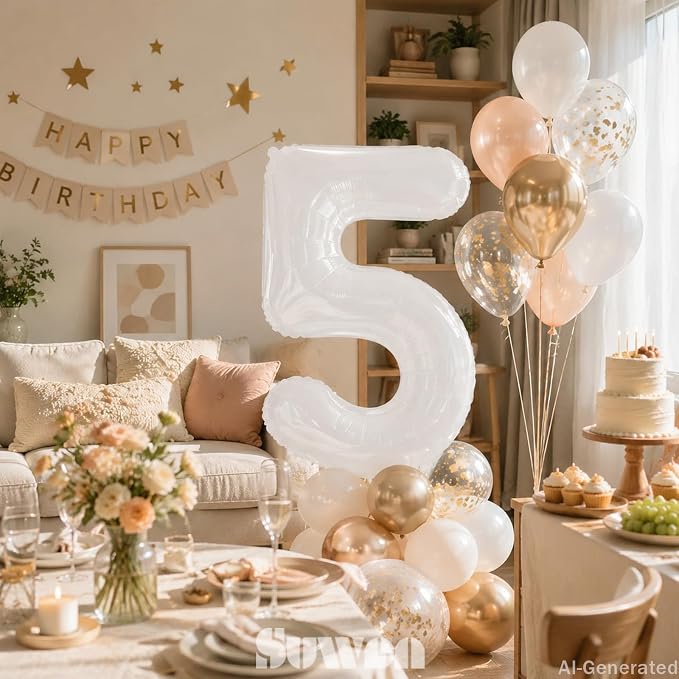 SUWEN 40 Inch White Large 5 Balloon Number Big Foil Helium Numbers 0-9 | Giant - Image 2