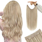 YoungSee Invisible Wire Hair Extensions Blonde Highlight Hair Extensions Wire Ash Blonde Highlights Bleach Blond One Piece Hair Extensions Real Human Hair Thick Remy Hair 20In 100g