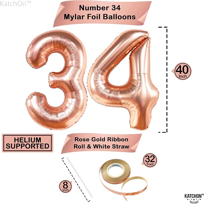 Katchon Rose Gold Number 34 Balloons 40 Inch, 34 Birthday Decorations | 34 - Image 4