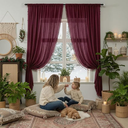 WAZZIO Boho Lace Curtains 63 Inches 2 Panel, Light Filtering Privacy Tassel & - Image 2