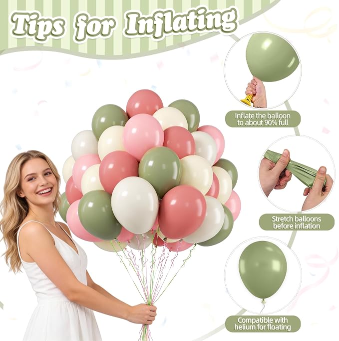 FunHot Sage Green Pink Balloons, 12 Inch Light Yellow Ivory Latex Balloons - Image 3