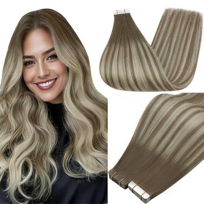 Full Shine Human Hair Extensions Tape in Color 7/1000/7 Balayage Blonde Seamless Tape in Hair Extensions Double Sided Tapes 18 Inch Glue in Human Hair 50Gram Remy Hair Extension Real Human Hair 20Pcs