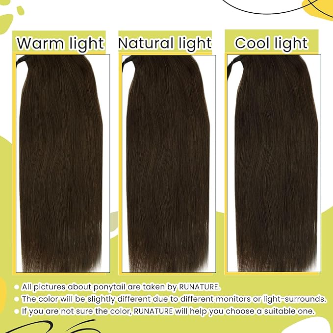 RUNATURE Hair Ponytail Extension Short Human Hair Extensions Ponytail #4 Brown Thick Wrap Ponytail Hair Extensions with Clips Straight Real Hair Pony Tail Extensions Silky 14 Inch 70g