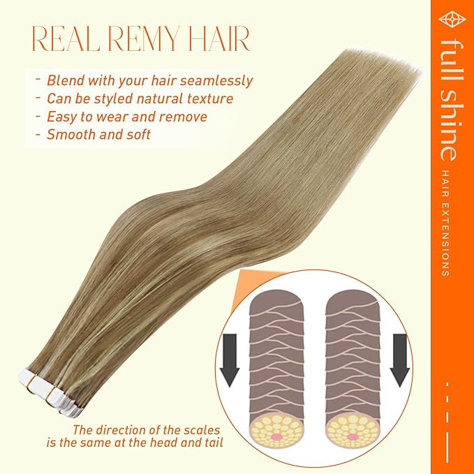 Full Shine Tape in Hair Extensions 16 Inch 10/16/16 Balayage Tape in Extensions Ombre Remy Tape in Hair Extensions Human Hair 20 Pcs 50g Seamless Hair Extensions Tape in Double Sided Tape