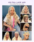 Real Full Lace Human Hair Wigs 613 Lace Front Wig Human Hair 180 Density Body Wave HD Full Lace Blonde Wig Plucked Bleached Knots Breathable Full Scalp Wig for Women 30Inch