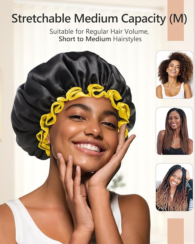 mikimini Black Shower Caps for Women Men & Girls 2 Packs, Reusable, Double Layers Waterproof Bathing Shower Hat with Soft Comfortable PEVA Lining, non-fading, Stretchy Shower Cap