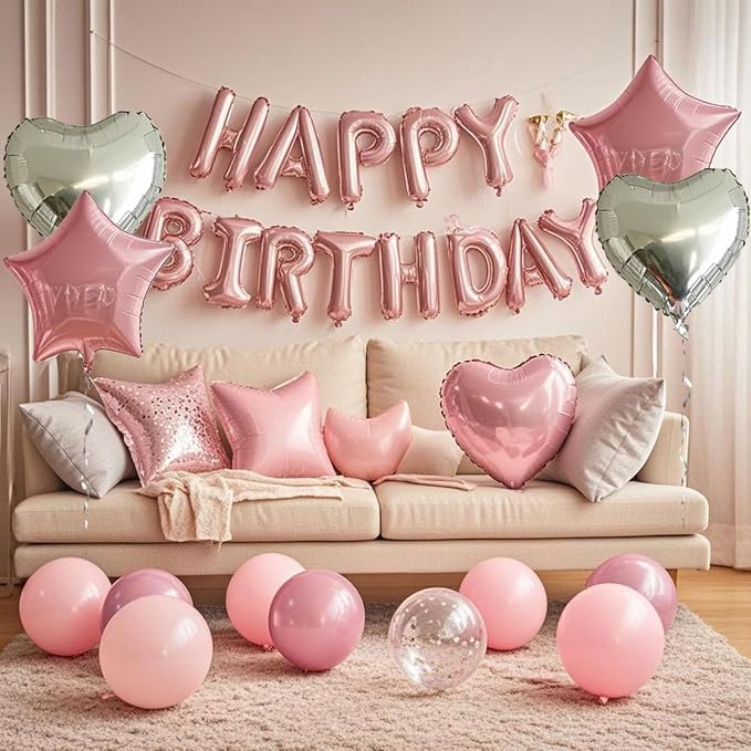 27 Pcs Pink Silver Birthday Decorations, 3D Letters Pink Happy Birthday Balloon - Image 3