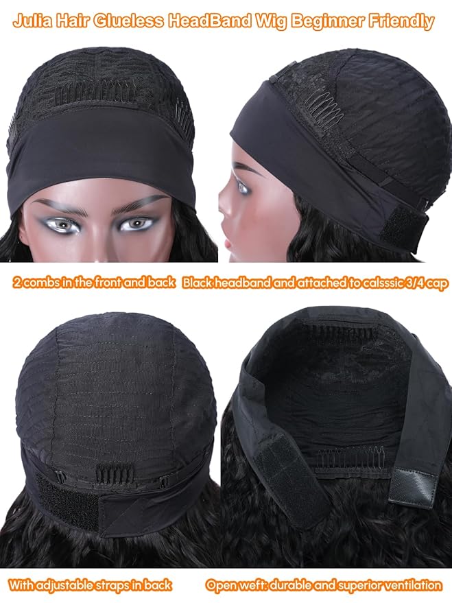 Julia Hair 12A Headband Wig Human Hair Yaki Straight Glueless None Lace Half Wig With Pre-attached Scarf Ombre Chestnut Brown Highlight With Dark Roots for Black Women Put on and Go 16 Inch