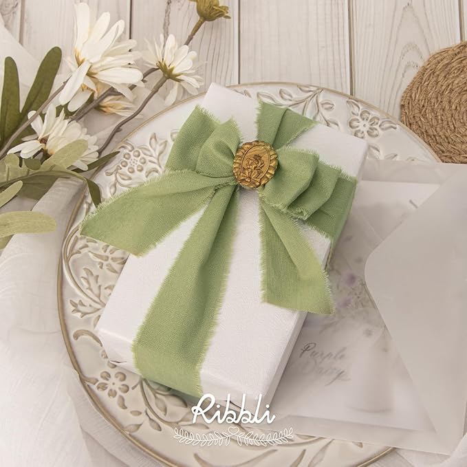 Ribbli 3 Rolls Sage Green Ribbon 1.5 Inch x 18Yards Handmade Cotton Frayed - Image 2