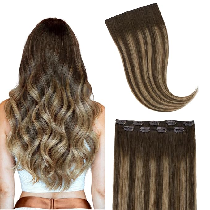 GOO GOO Clip in Hair Extensions Real Human Hair, Remy Human Hair Extensions Clip ins for Women, Natural Human Hair, 18inch 70g 2Pcs, #4/27/4 Balayage Chocolate Brown to Caramel Blonde