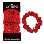Amelia Beauty, Red Satin Small Scrunchies, 12-Pack – No Damage Hair Ties for Women, Gentle & Durable Hair Accessories, 2.5in x 0.5in