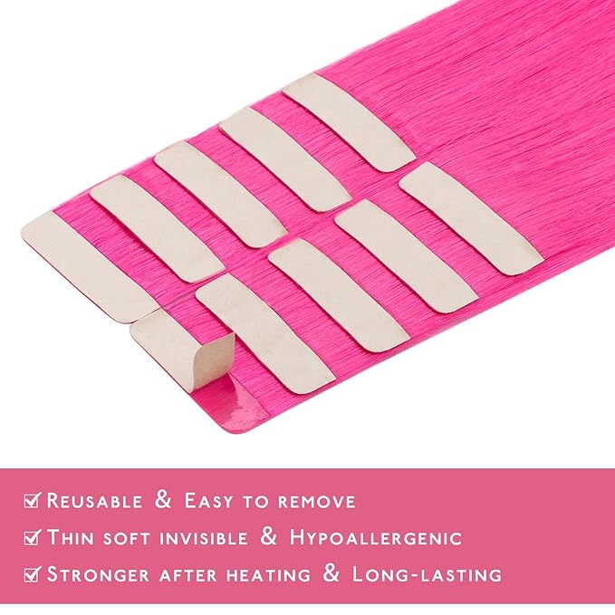 WENNALIFE Tape in Hair Extensions Human Hair Hot Pink Tape in Extensions, 10pcs 25g 18 inch Remy Invisible Tape Ins Straight Colored Soft Real Human Hair Tape in Extensions Refill Set Extensions