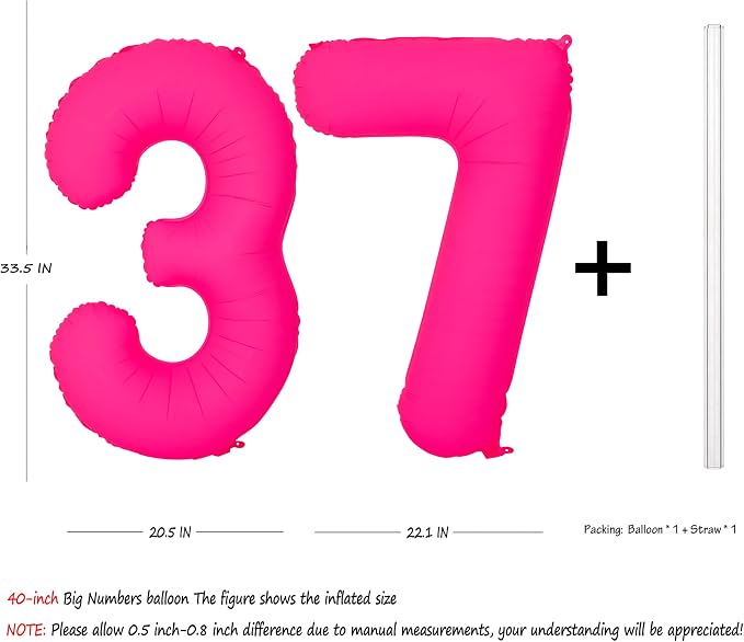 Pink Birthday Number 37 Balloons 40IN Fluorescent Pink 73 Foil Balloon | - Image 2