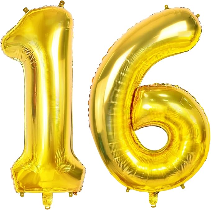 Number 16 Balloons for 16th Birthday Party Decorations, 0-100 Large Gold Foil by Joycard