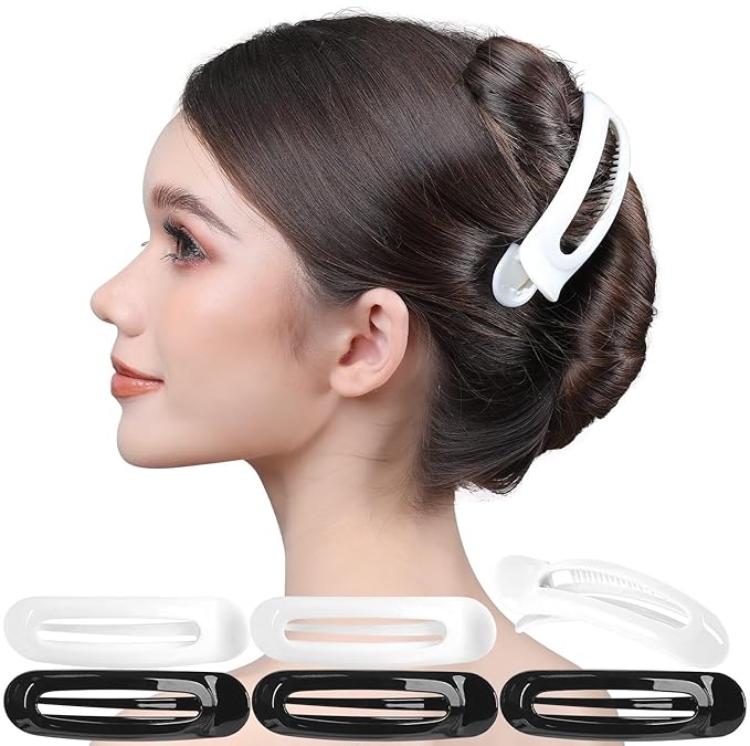 RC ROCHE 6 Pcs Flat Claw Hair Clips for Women Alligator French Barrette Long Thick Hair Duckbill Curved No Slip Grip Lay Flat Side Slide Firm Classic Styling, Large Black & White