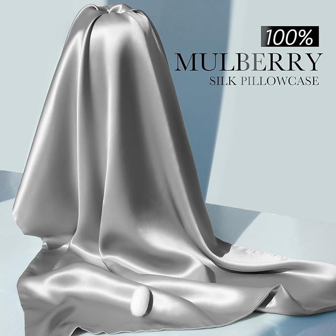 100% Mulberry Silk Pillowcase for Hair and Skin, 22 Momme Pure Natural Silk Pillow Case Both Sided with Zipper, Pillow Cover for Women Mom Men(Silver Grey, Queen 20''×30'', 1 Pack)
