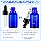 50 Pcs 1/2oz Blue Glass Dropper Bottles with Measurement, 30ml Leakproof Tincture Bottles with Funnels, Eye Droppers, Extra Caps & Labels, Refillable Empty Bottles for Tinctures, Essential Oils