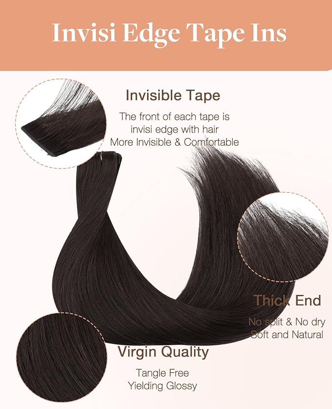 GOO GOO Invisi Edge Tape in Hair Extensions Human Hair, 2 Dark Brown 20pcs injected with 20pcs classical tape ins, 18inch 100g, Virgin Remy Hair, Natural Look