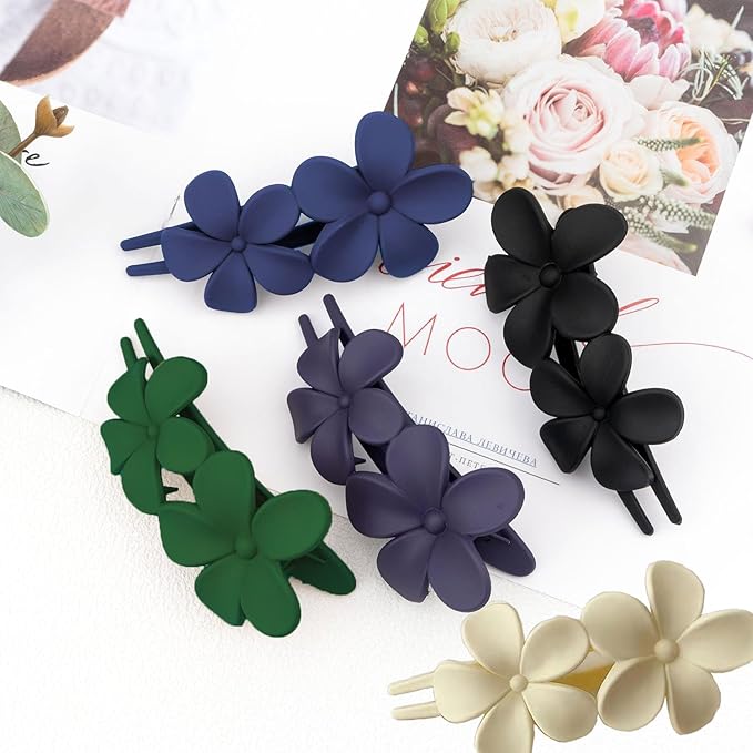 5 Pcs Flower Flat Claw Clips for Women Dark Blue Flat Hair Clips Non-Slip Matte Flat Hair Clips for Thick Hair Spring Claw Clip Cute Floral Hair Clip for Girals