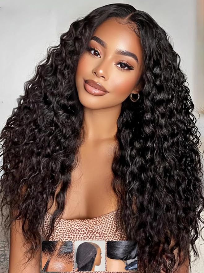 KLAIYI Bye Bye Slip™ Water Wave 7X5 Precut Lace Front Human Hair Wig Drawstring Glueless 3S Ready to Wear and Go Wig with Baby Hair Pre Plucked Bleached Bye Bye Knots Curly Wig 180%Density Full 20Inch