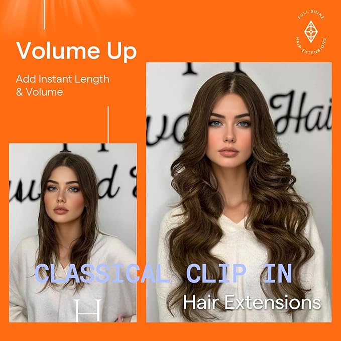 Full Shine Hair Extensions Clip in Real Human Hair Chestnut Brown Clip on Hair Extensions Invisible Brown Hair Full Head 18 Inch 7 Pcs 120 G