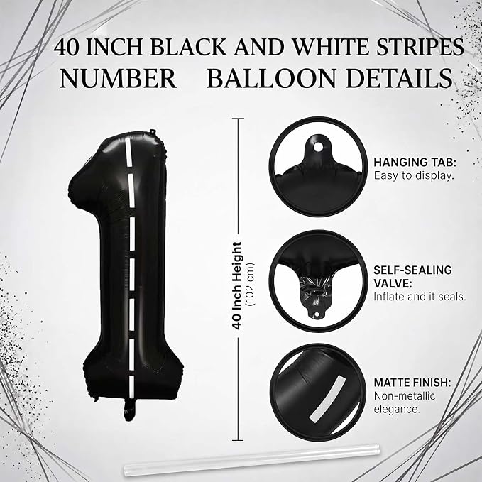 Black and White Stripes Number 11 Balloon 40 Inch, Road Style Digit Decor | - Image 4