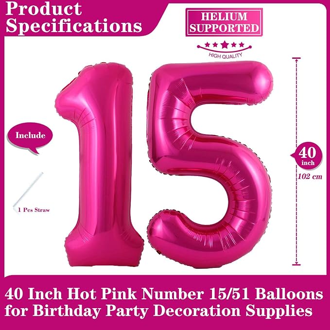Hot Pink 15 Number Balloons, 40 Inch Giant Number 15 Balloons Foil Mylar Helium - Image 2