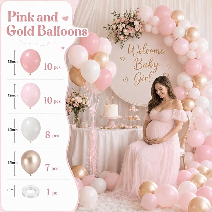 Pink and Gold Balloons, 12 Inch Pastel Light Pink and Pearl Sand White Latex - Image 2