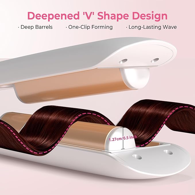 Hair Crimper Waver Curling Iron, 1/2 Inch Beach Waves Curling Wands, Ceramic 2 Barrels Deep Waver, Dual Voltage Hair Culer Tools with EU/UK Plug Adapter,12 Temps, 30S Heat up, Auto-Off (White Gold)