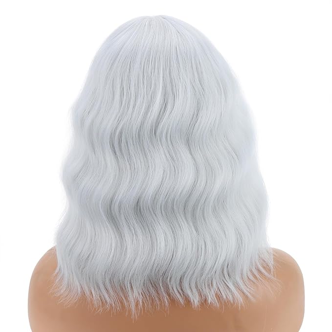 BERON 14 Inches Silver White Wig with Bangs for Women Short Curly Synthetic Wig Hairnet Included