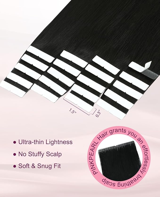 Pinkpearl Invisible Tape in Hair Extensions Human Hair, 20pcs 14inch 40g #1B Natural Black Injection Tape in Extensions Real Remy Straight Seamless Silky Human Hair Injected