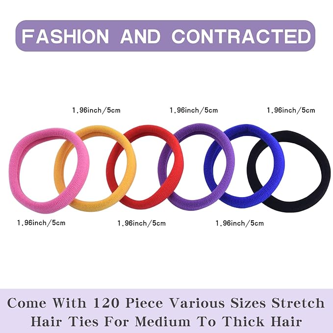 120PCS Multicolour Hair Ties for Women Girl,Black Elastics Hair Ties No Damage Ponytail Holder for Thick/Thin Hair Accessories,Soft Cotton Cloth Seamless Hair Bands