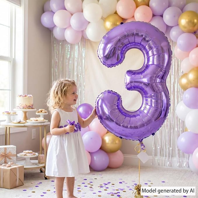 Purple Number 3 Balloon 40 Inch, Giant Lavender Mylar Foil Balloon - Image 6