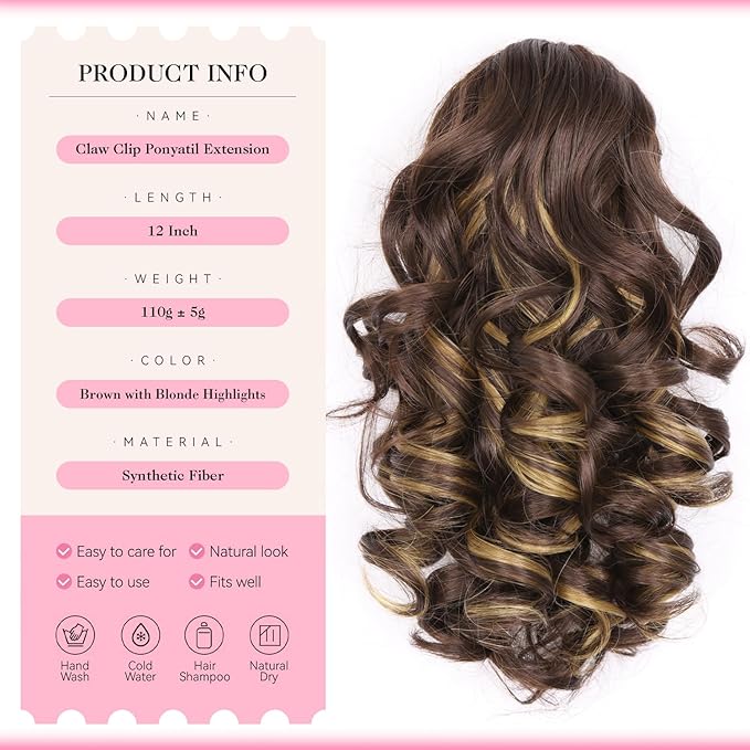 Claw Clip Ponytail Extension - 12 Inch Curly Ponytail Extension, Wavy Pony Tails Hair Extensions, Synthetic Hair Extensions Ponytail, Clip On Ponytails for Women (Color: Brown with Blonde Highlights)