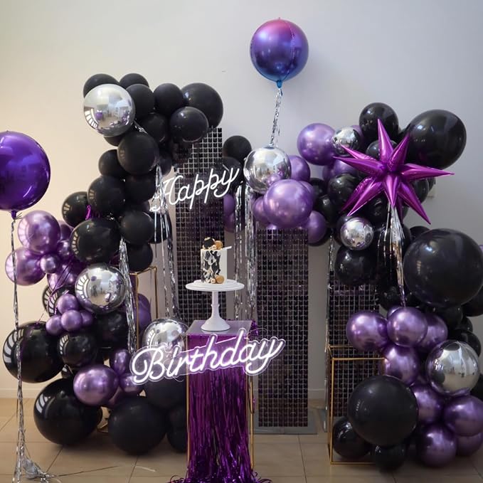 Purple and Black Balloons, 12 Inch Metallic Purple Black Party Balloons - Image 3