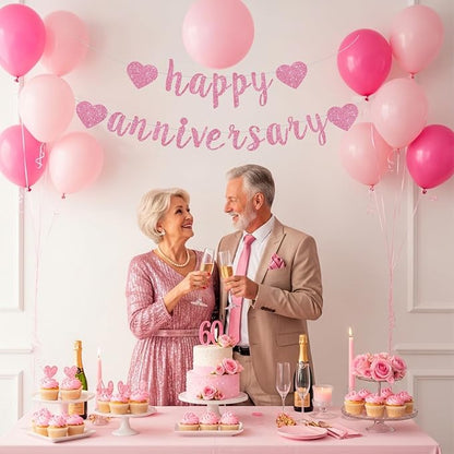 BEISHIDA Glitter Pre-Strung Pink Happy Anniversary Banner Decoration | NO DIY - Image 4