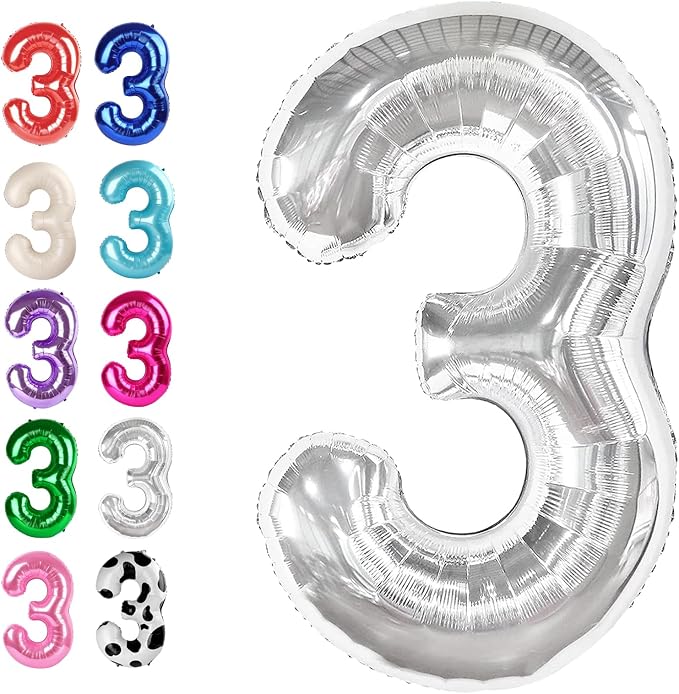 Silver Number 3 Balloon 40 inch, Balloon numbers party supplies, deco photo by Upgesy